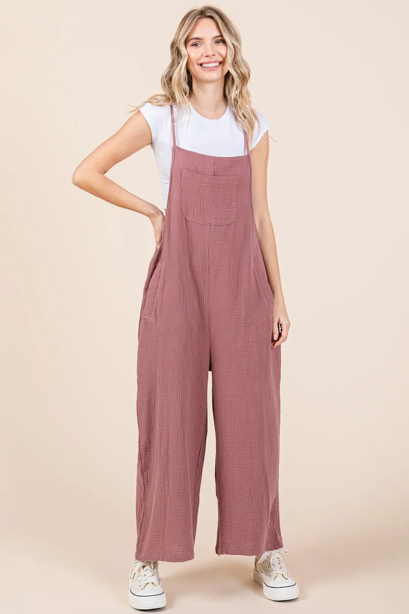 Double Gauze Strap Wide Leg Overalls Jumpsuits