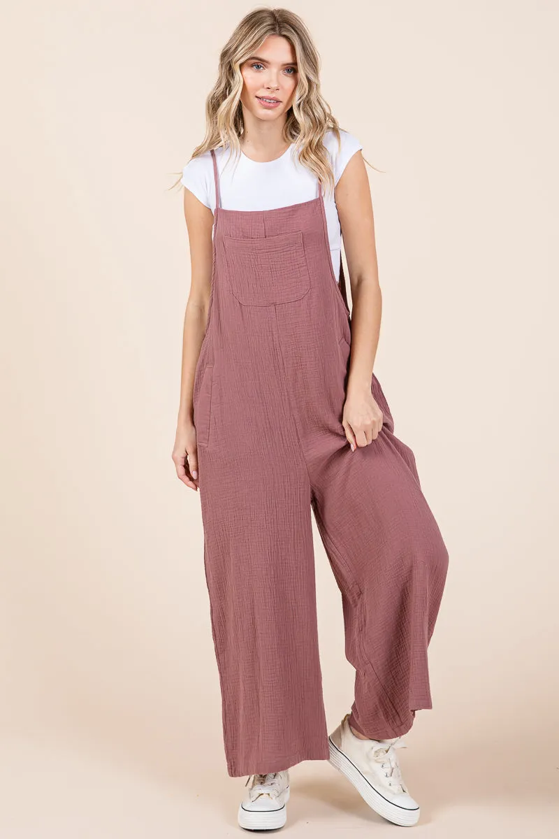 Double Gauze Strap Wide Leg Overalls Jumpsuits