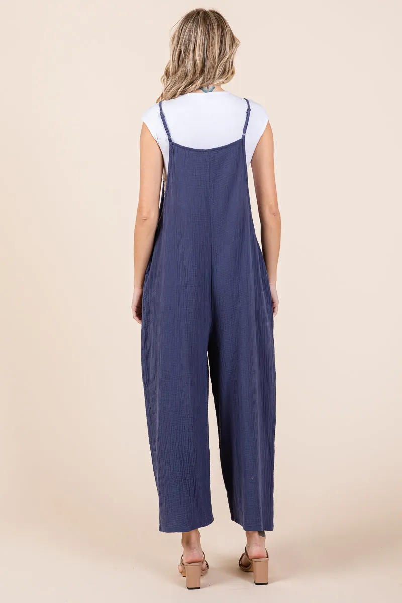 Double Gauze Strap Wide Leg Overalls Jumpsuits