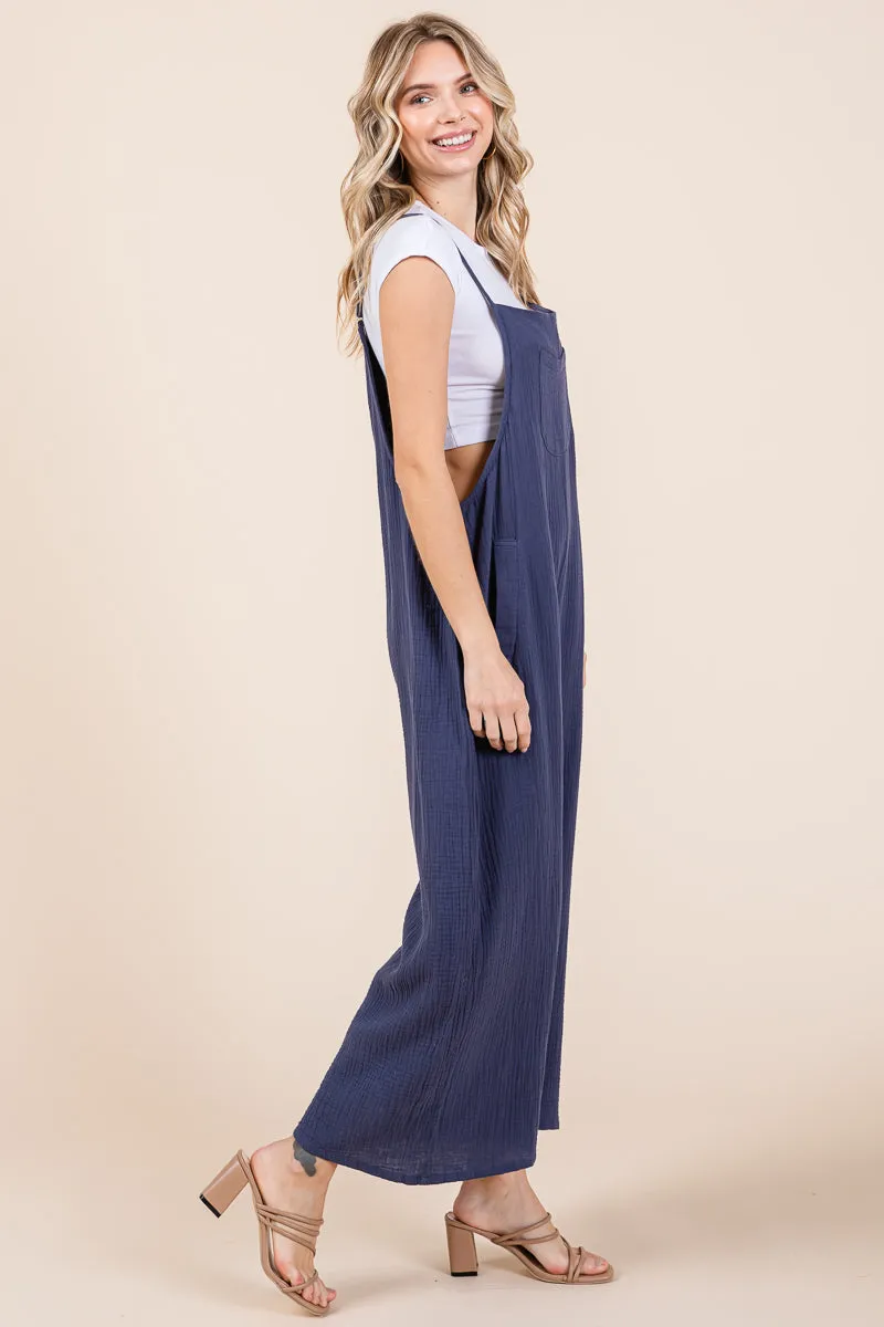 Double Gauze Strap Wide Leg Overalls Jumpsuits