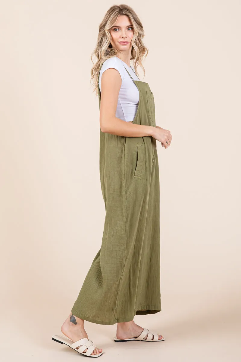 Double Gauze Strap Wide Leg Overalls Jumpsuits