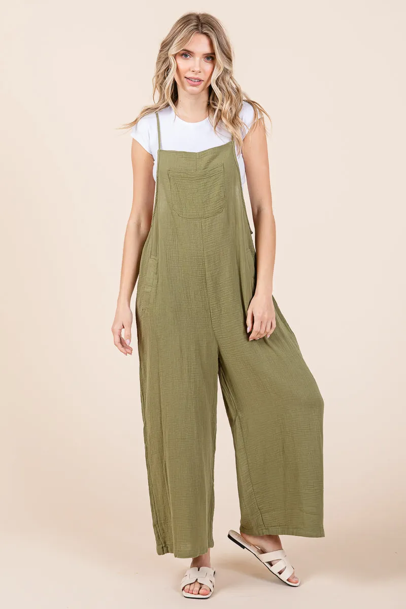 Double Gauze Strap Wide Leg Overalls Jumpsuits