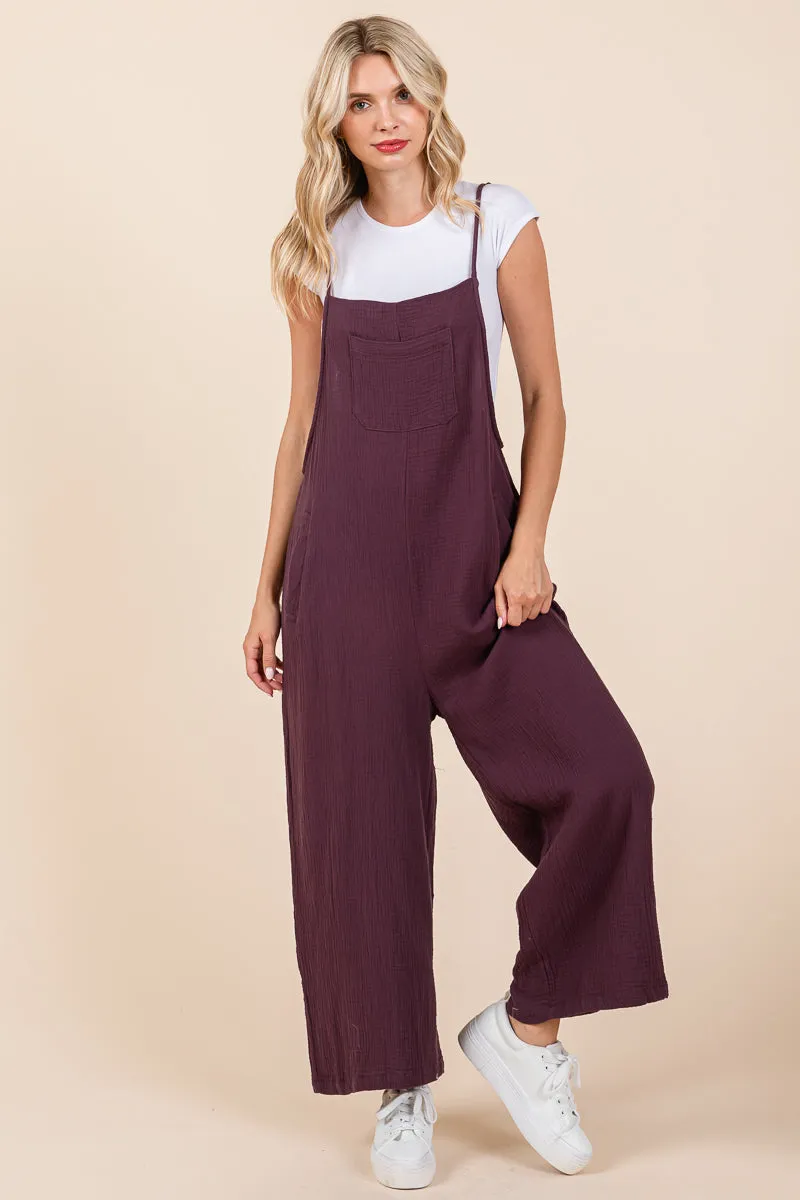 Double Gauze Strap Wide Leg Overalls Jumpsuits