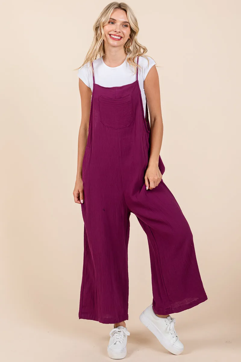 Double Gauze Strap Wide Leg Overalls Jumpsuits