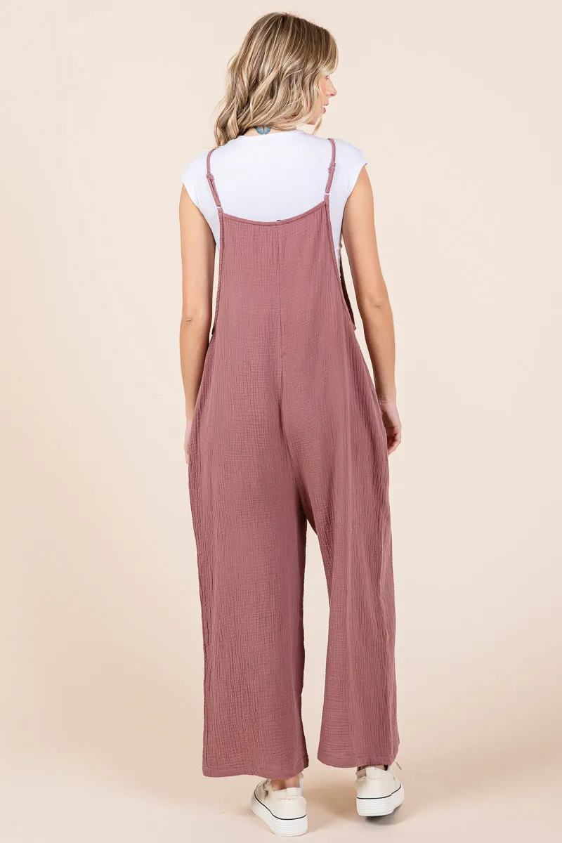 Double Gauze Strap Wide Leg Overalls Jumpsuits