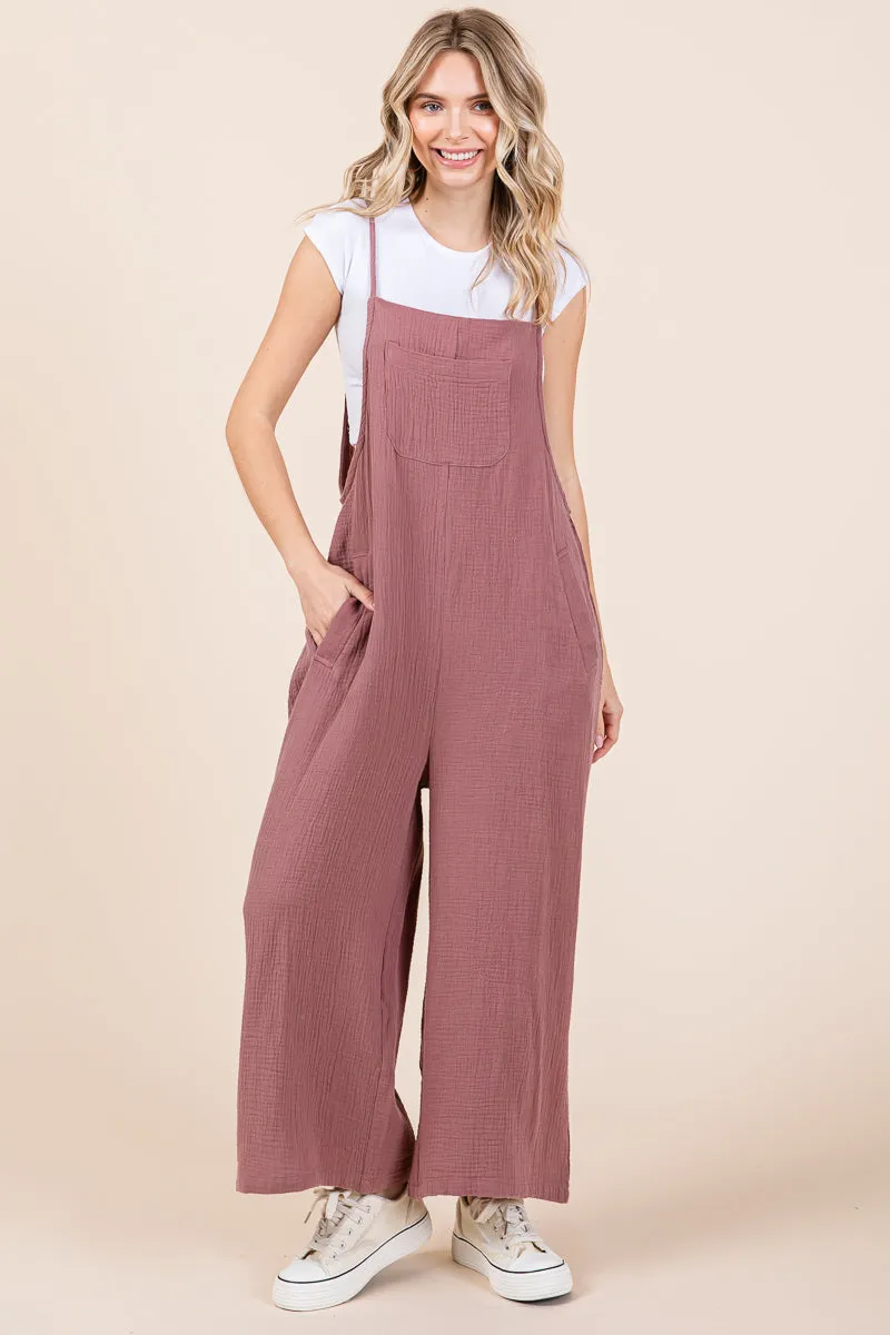 Double Gauze Strap Wide Leg Overalls Jumpsuits