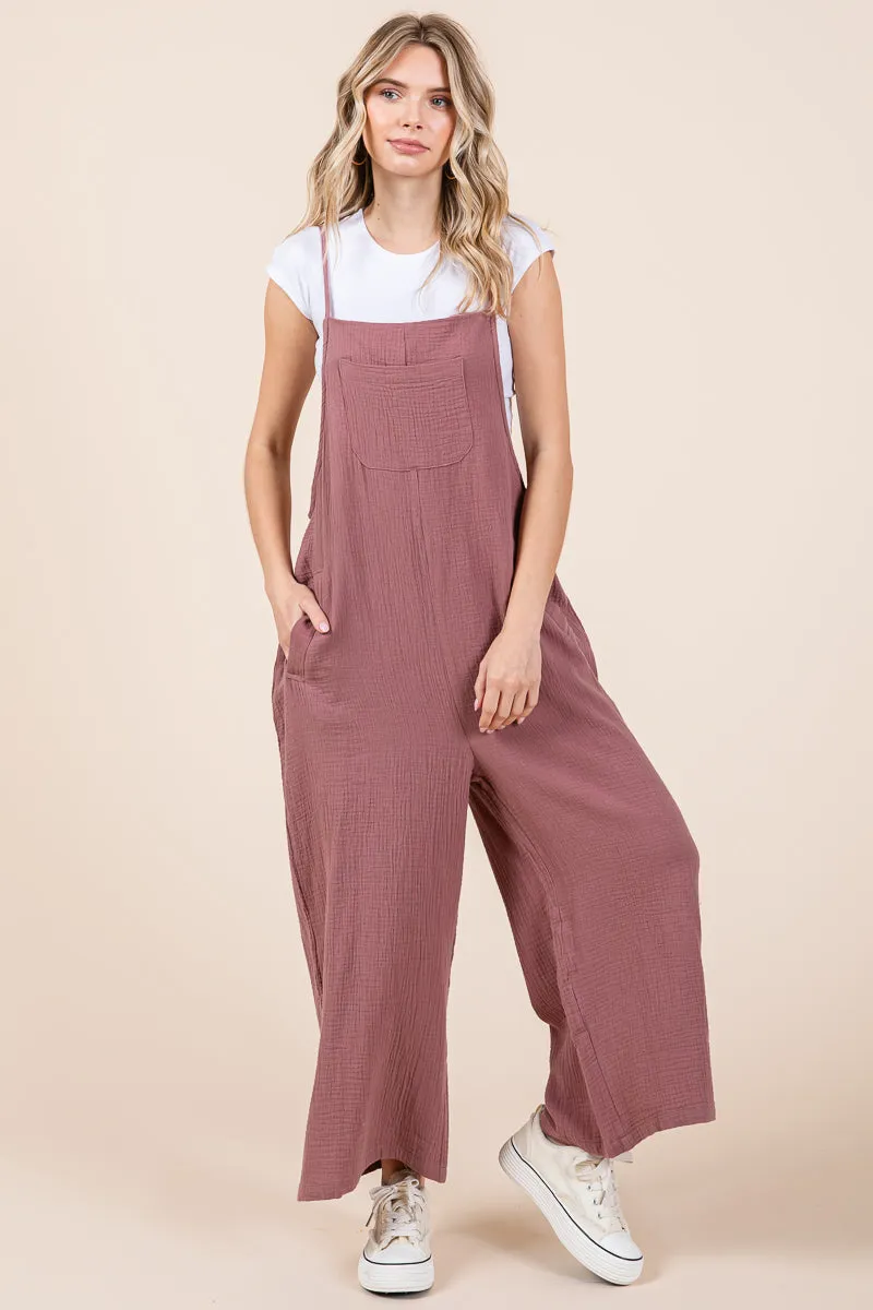 Double Gauze Strap Wide Leg Overalls Jumpsuits