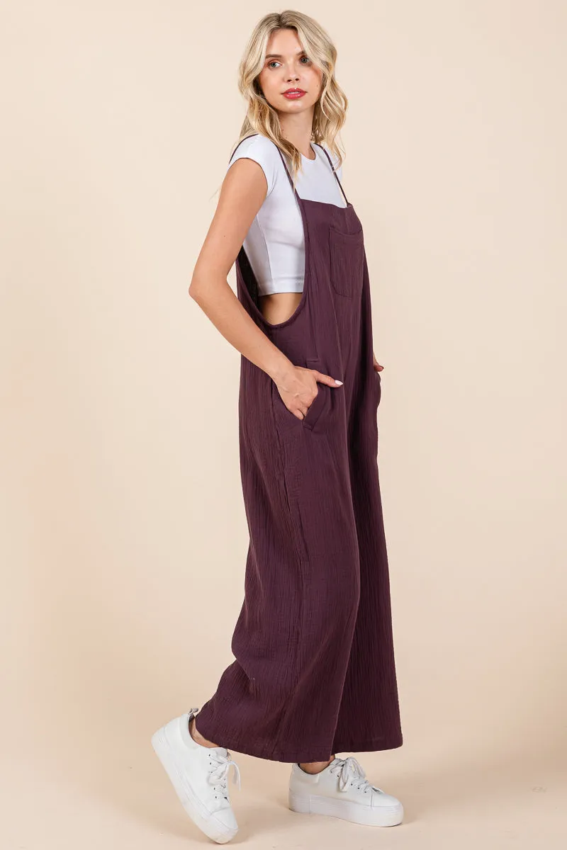 Double Gauze Strap Wide Leg Overalls Jumpsuits