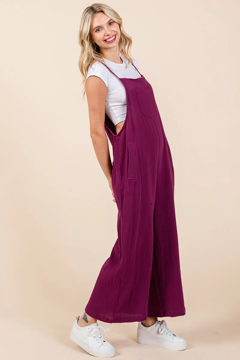 Double Gauze Strap Wide Leg Overalls Jumpsuits