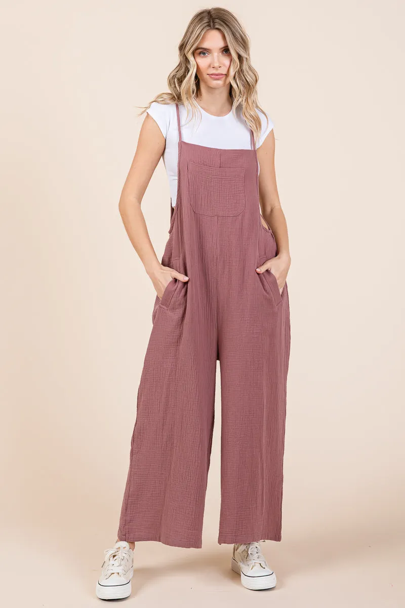 Double Gauze Strap Wide Leg Overalls Jumpsuits