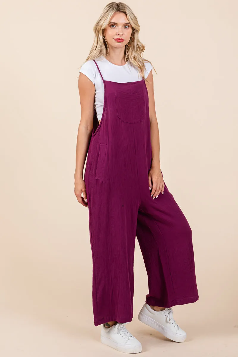 Double Gauze Strap Wide Leg Overalls Jumpsuits