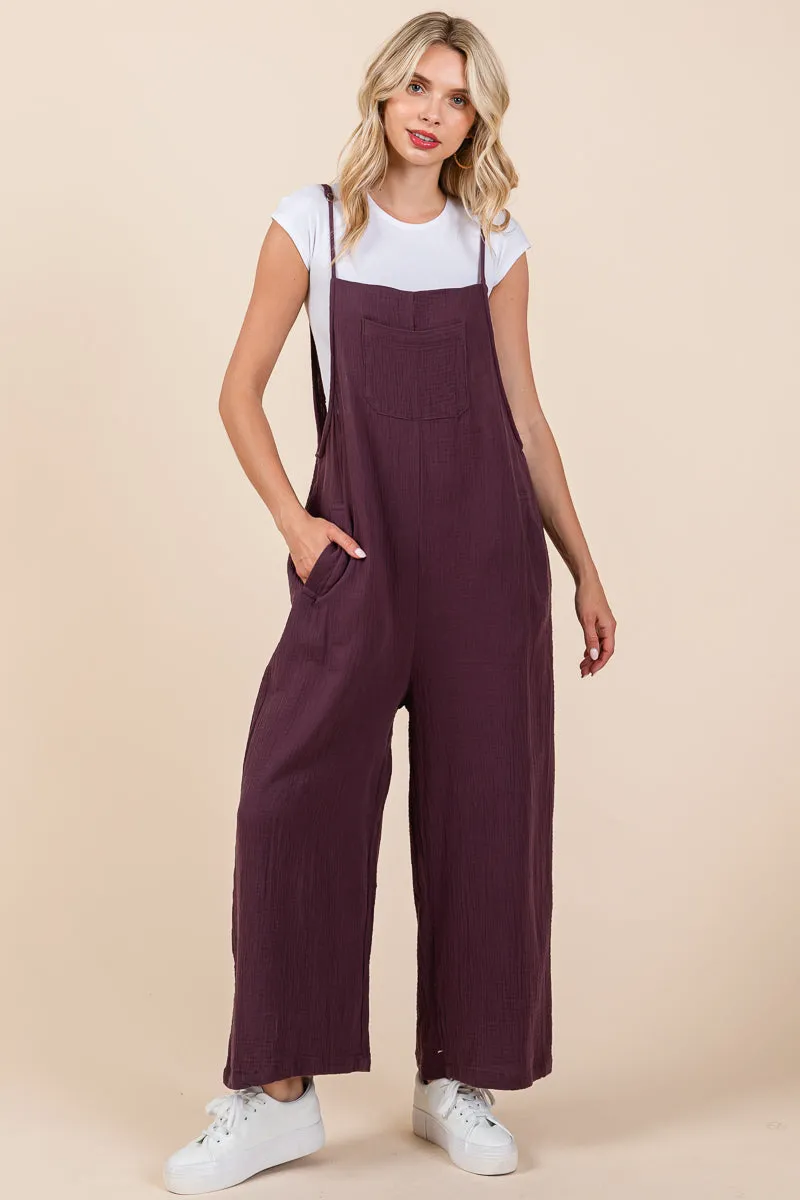 Double Gauze Strap Wide Leg Overalls Jumpsuits