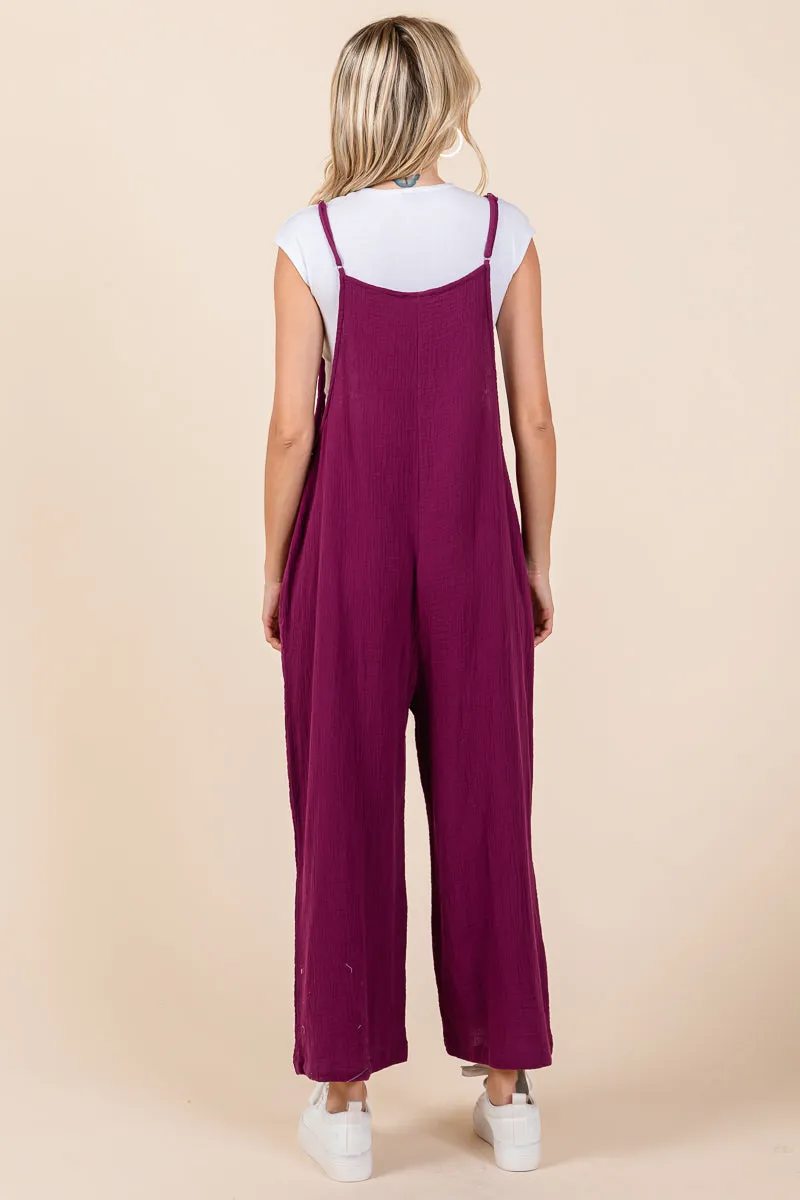 Double Gauze Strap Wide Leg Overalls Jumpsuits