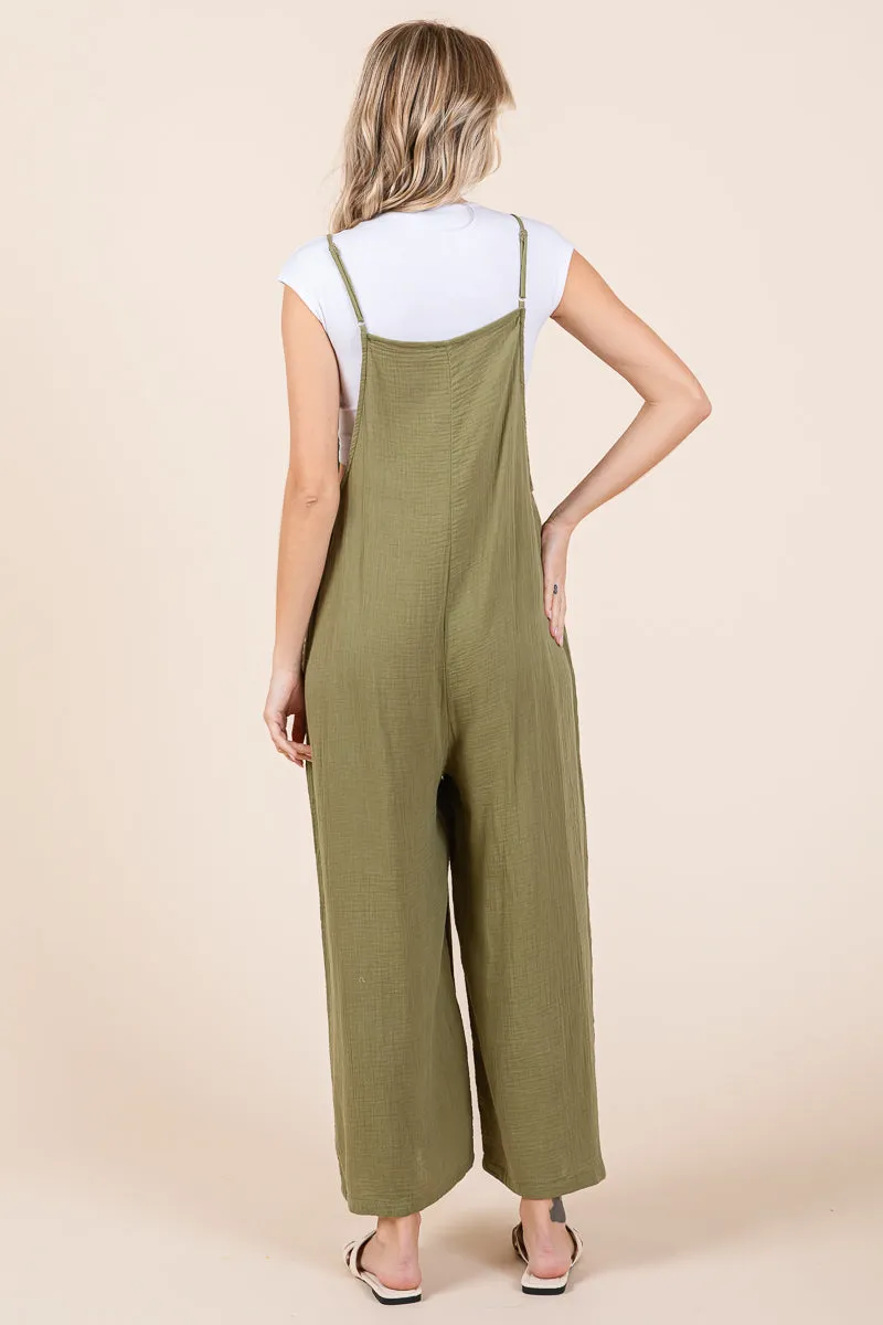 Double Gauze Strap Wide Leg Overalls Jumpsuits