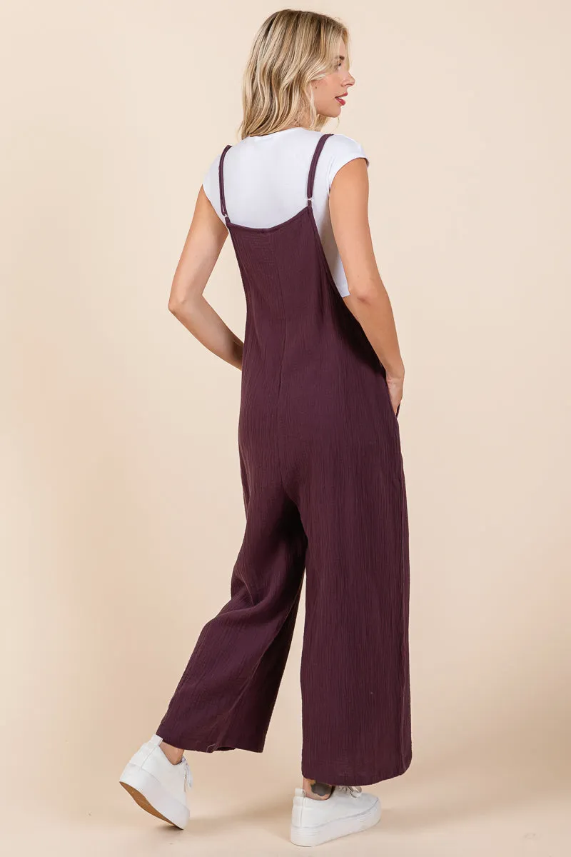 Double Gauze Strap Wide Leg Overalls Jumpsuits