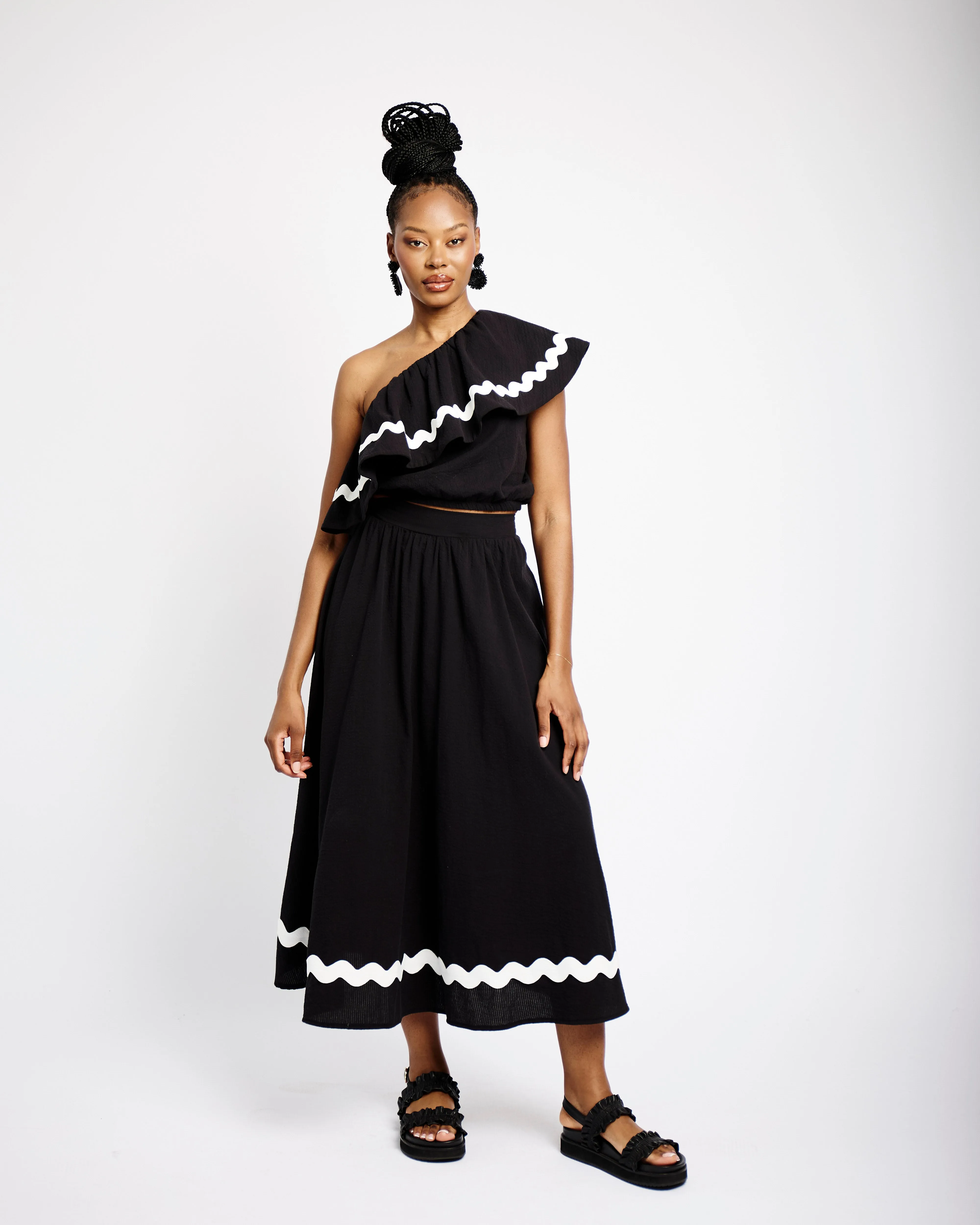 Easy Midi Skirt with White Ric Rac in Black