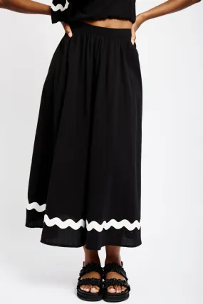 Easy Midi Skirt with White Ric Rac in Black