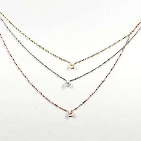 Elegant Dainty 3 Layer Tri Color Single CZ Silver Necklace