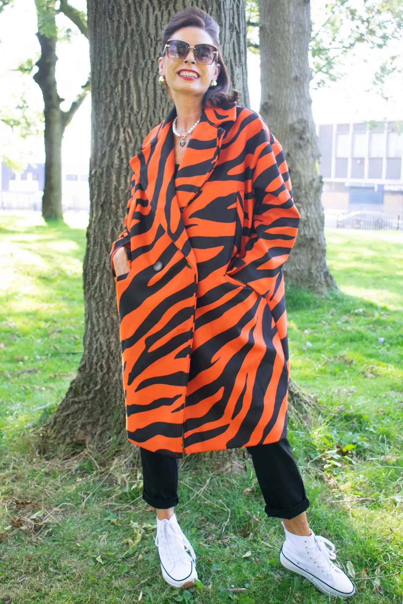 Elegant Holland Park Coat in Orange Animal Print