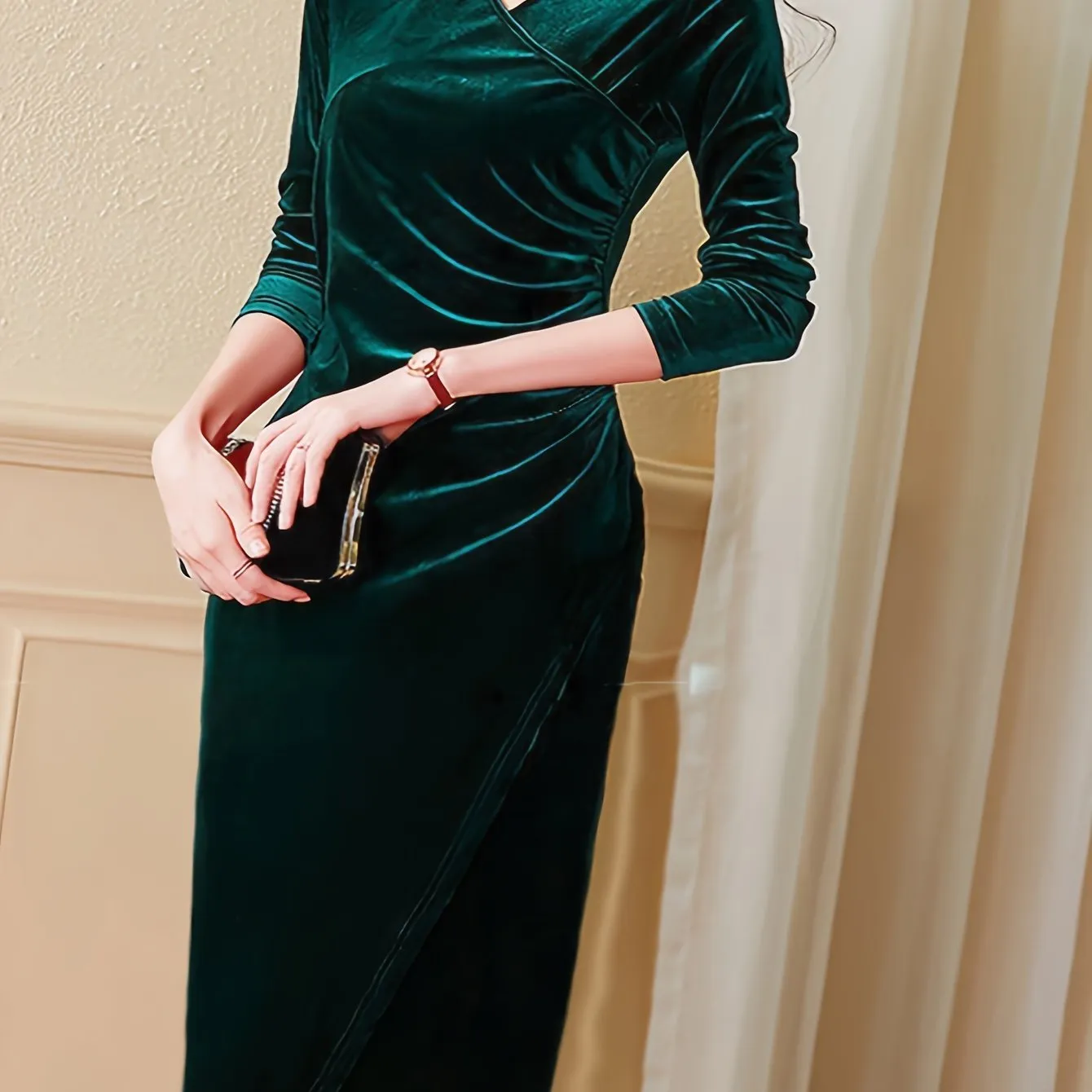 Elegant Velvet Wrap Dress for Women-Long Sleeves ,Neckline with Side Slit, Machine Washable