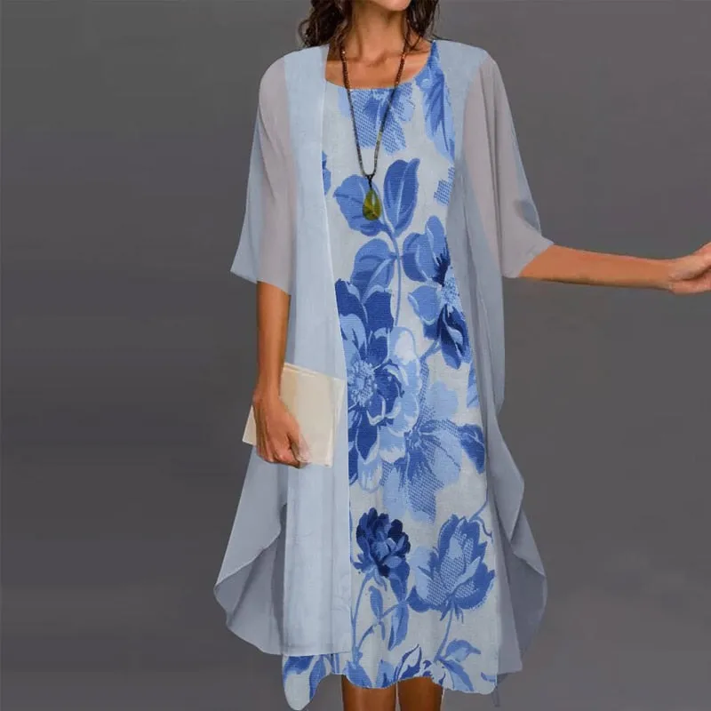 Fashion Elegant Long Sleeve Modern Loose Printed Chiffon Dress