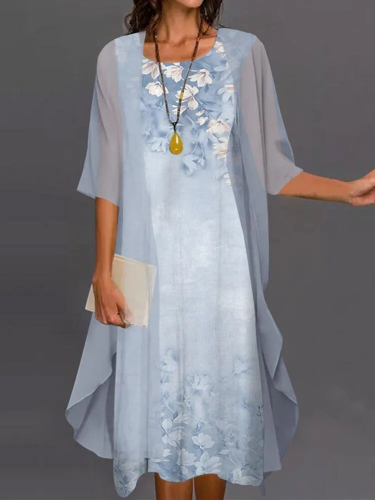 Fashion Elegant Long Sleeve Modern Loose Printed Chiffon Dress