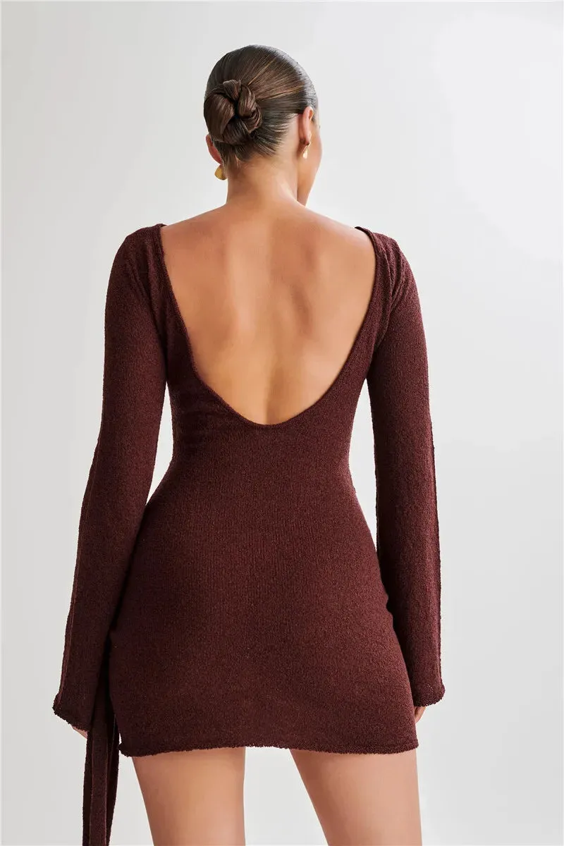 Floral Draped Open Back Knit Long Sleeve Mini Dress