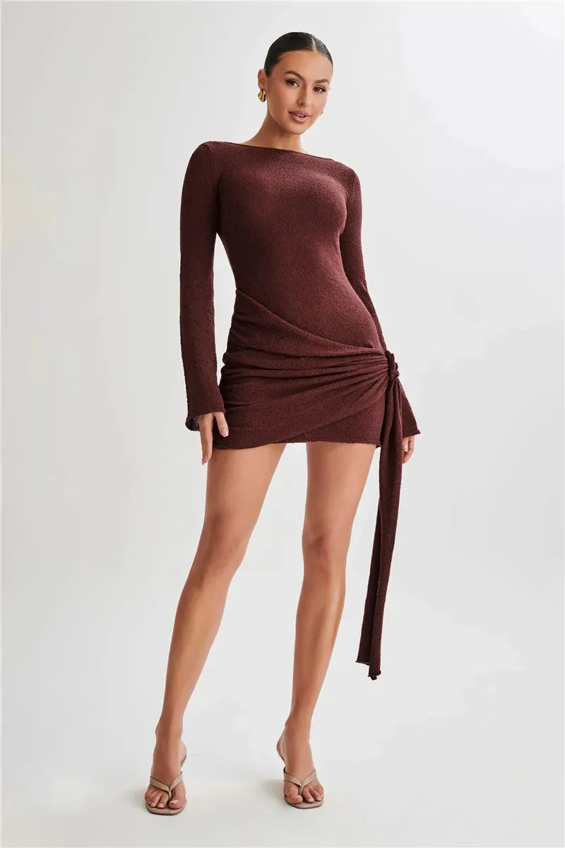 Floral Draped Open Back Knit Long Sleeve Mini Dress