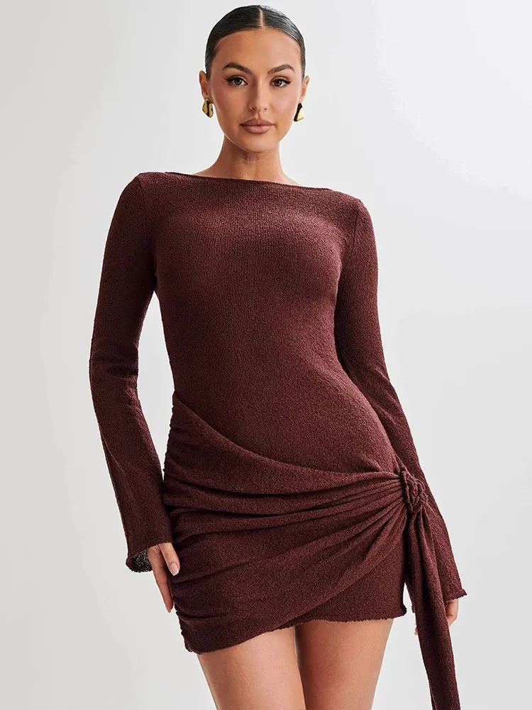 Floral Draped Open Back Knit Long Sleeve Mini Dress