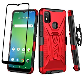 For Cricket Icon 4 Case with Tempered Glass Screen Protector Heavy Duty Protective Phone Case,Built-in Kickstand Rugged Shockproof Protective Phone Case - Red