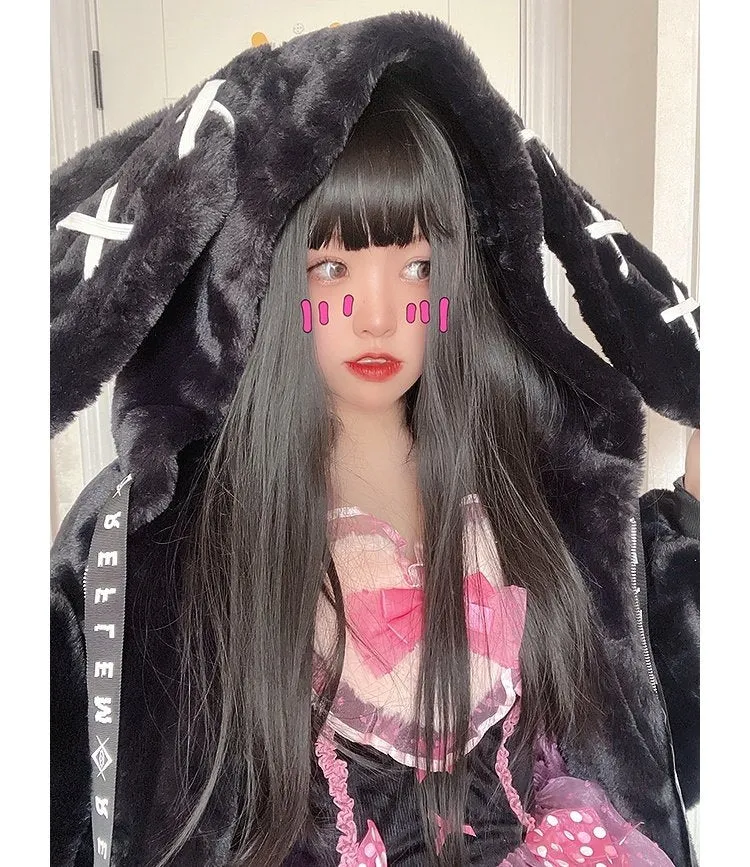 Gothic Soft Fluffy Plush Cross Pattern Rabbit Bunny Ears Pink Black Long Jacket Coat