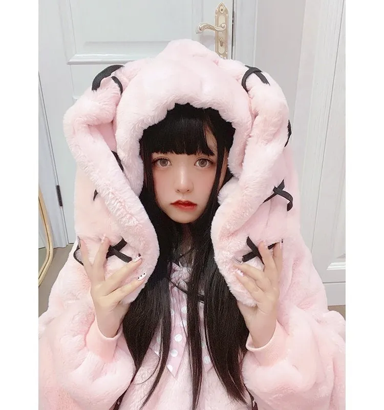 Gothic Soft Fluffy Plush Cross Pattern Rabbit Bunny Ears Pink Black Long Jacket Coat