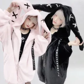 Gothic Soft Fluffy Plush Cross Pattern Rabbit Bunny Ears Pink Black Long Jacket Coat