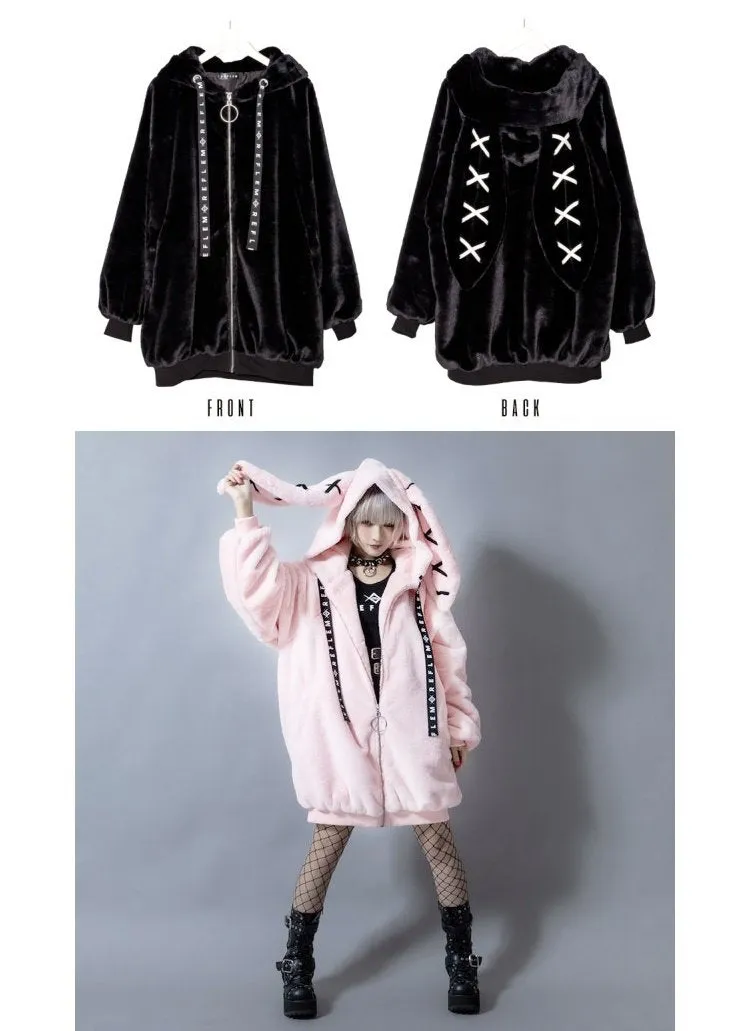 Gothic Soft Fluffy Plush Cross Pattern Rabbit Bunny Ears Pink Black Long Jacket Coat