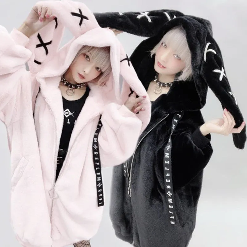 Gothic Soft Fluffy Plush Cross Pattern Rabbit Bunny Ears Pink Black Long Jacket Coat