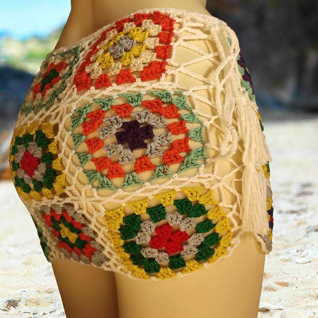 Granny Square Mini Skirt Boho Crochet With Lace Up Sides Tassel Ties Festival Fashion Or Bikini Cover Small Medium Or Large