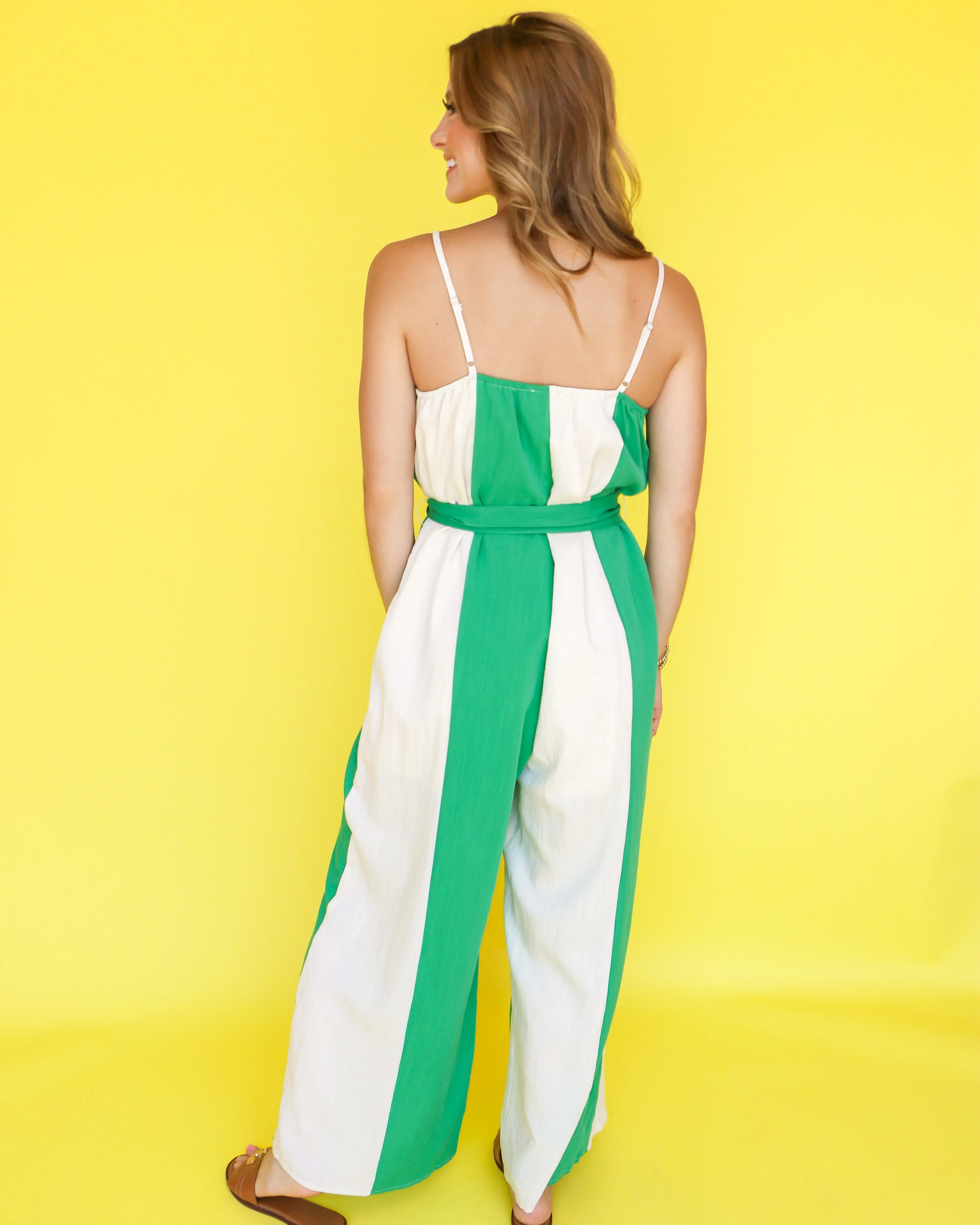 Green & Cream Stripe Wide Leg Jumpsuit