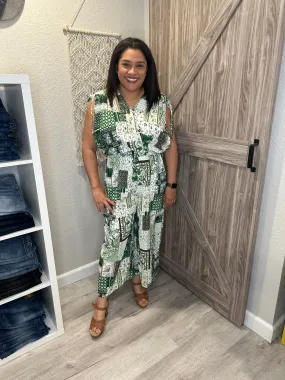 Green & Ivory Paisley Print Summer Jumpsuit