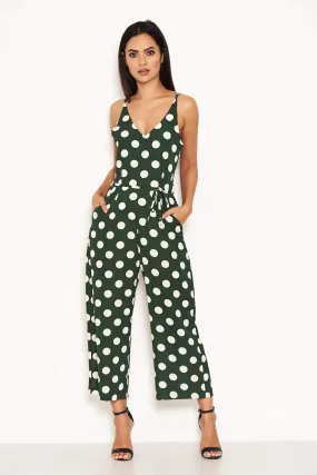 Green Polka Dot Tie Waist Jumpsuit