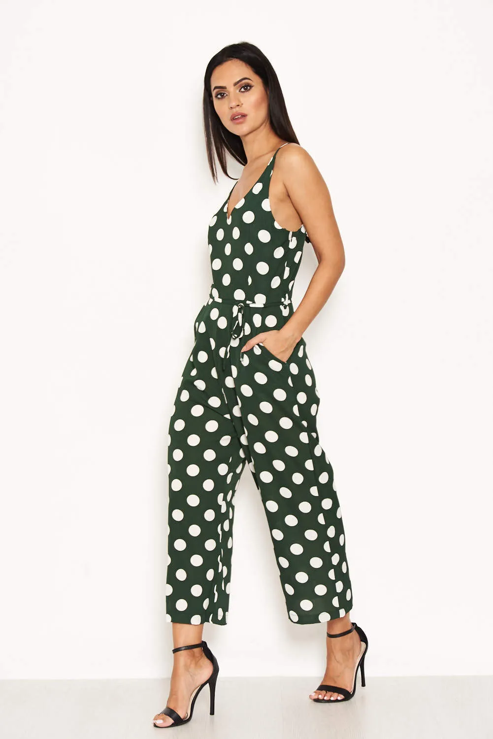 Green Polka Dot Tie Waist Jumpsuit