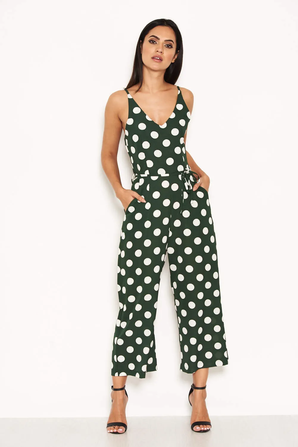 Green Polka Dot Tie Waist Jumpsuit