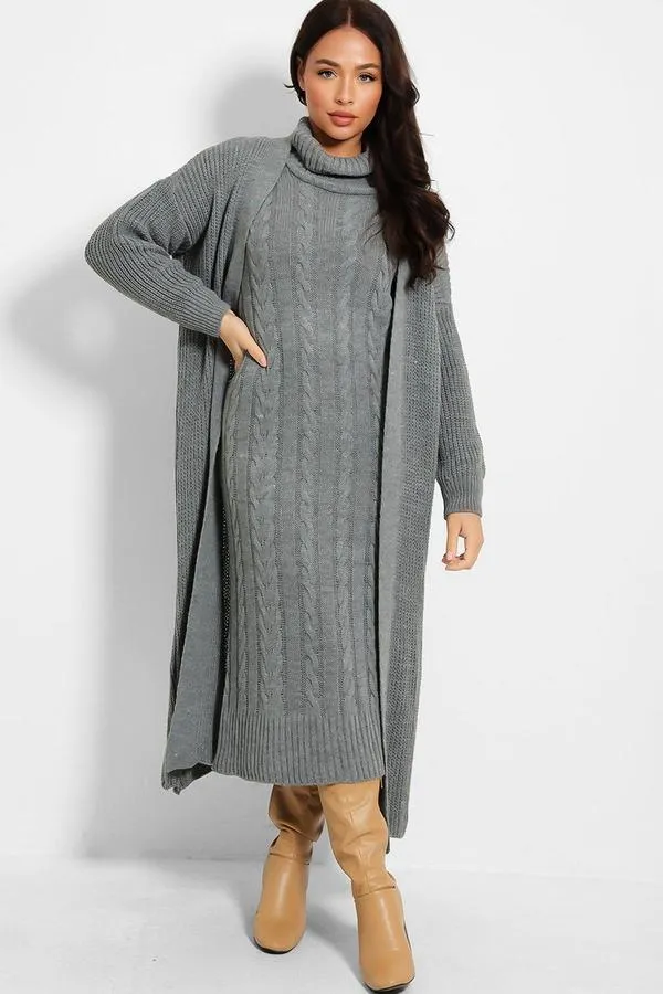 GREY CABLE KNIT ROLL NECK MAXI DRESS & CARDIGAN SET