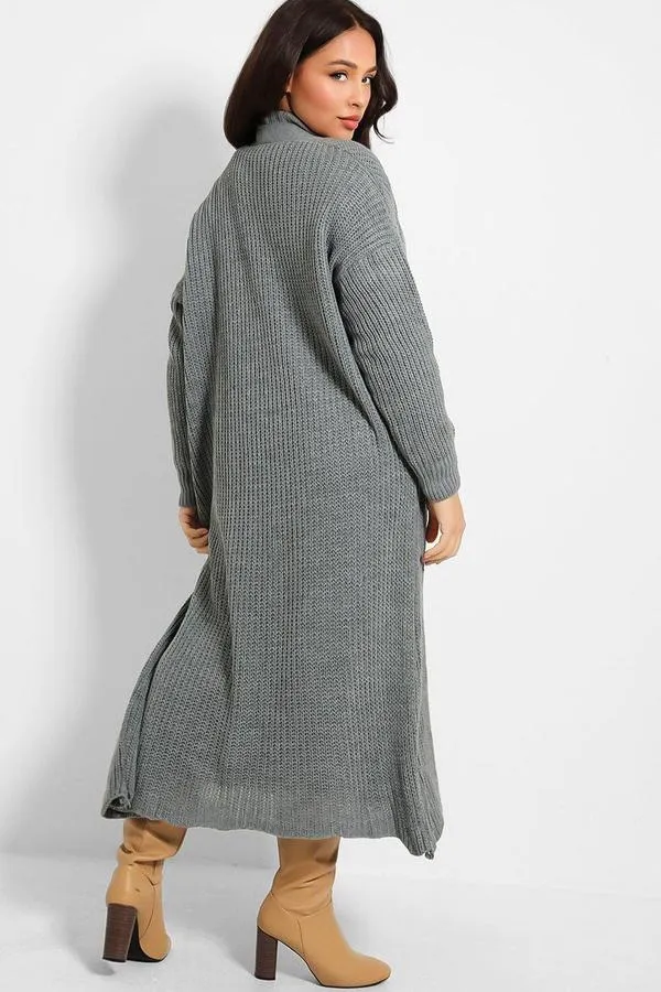 GREY CABLE KNIT ROLL NECK MAXI DRESS & CARDIGAN SET