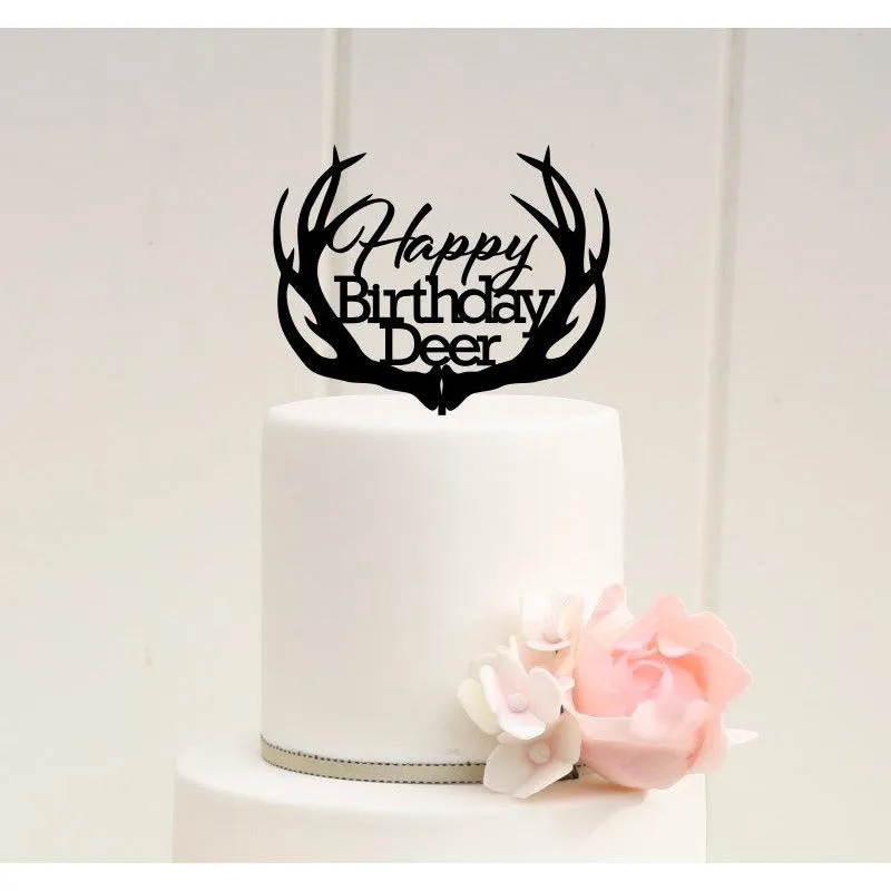 Happy Birthday Deer Antler Cake Topper - Hunting Birthday Cake Topper