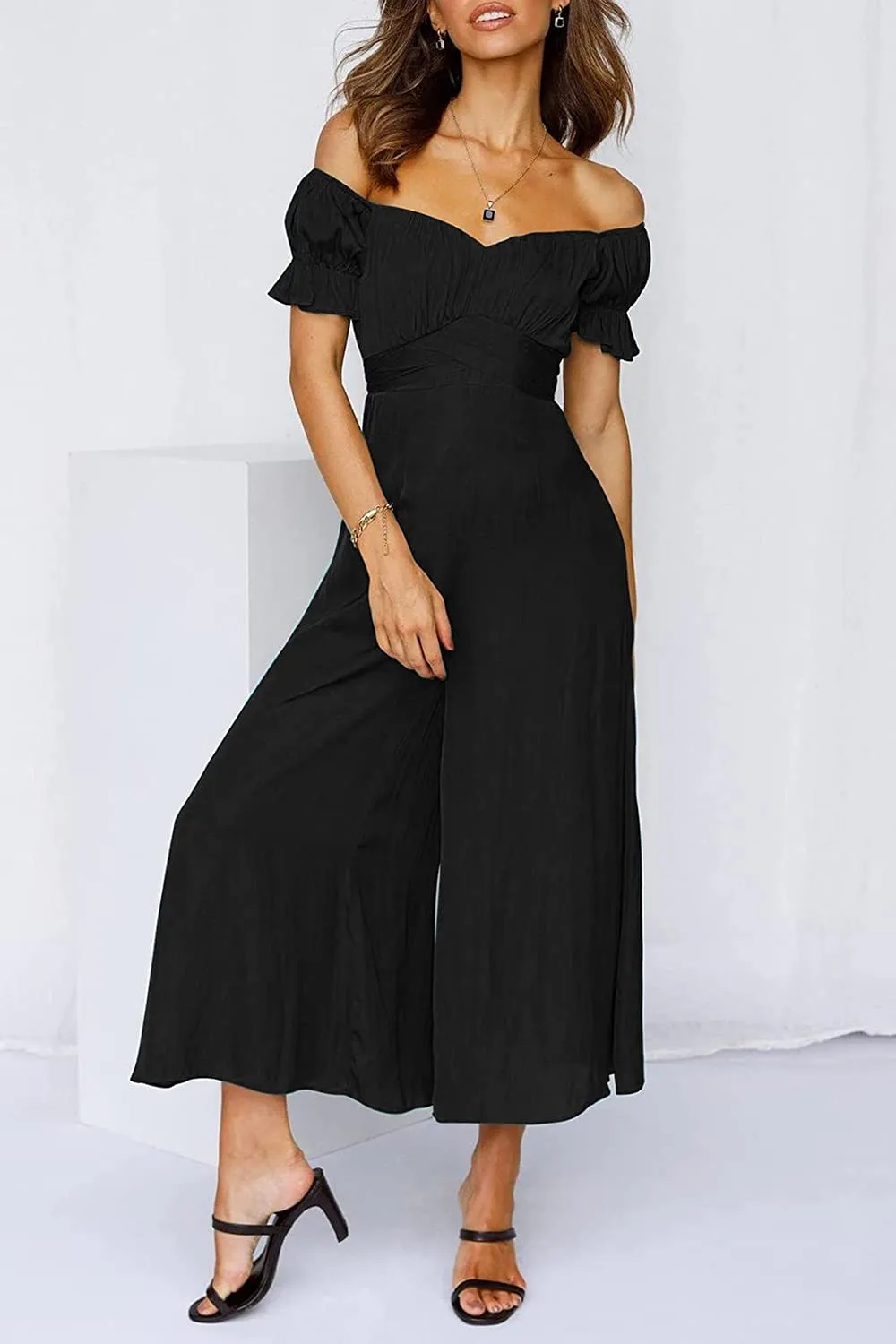 High Waist Black Palazzo Puff Sleeve Sweetheart Jumpsuit