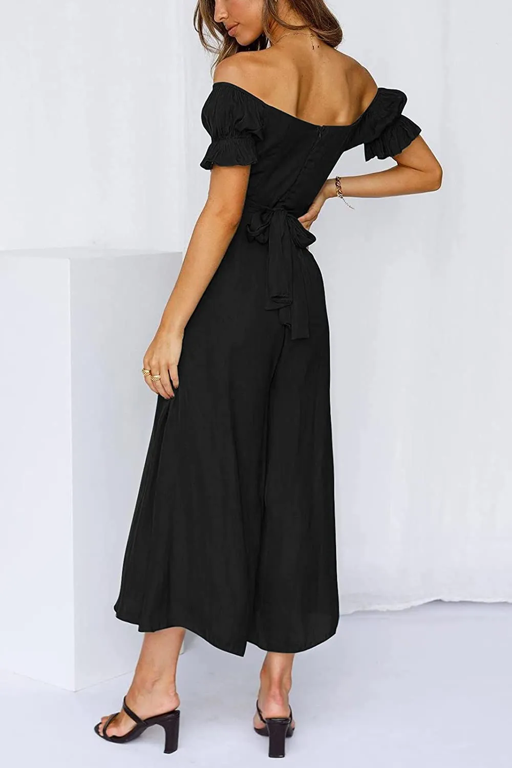 High Waist Black Palazzo Puff Sleeve Sweetheart Jumpsuit