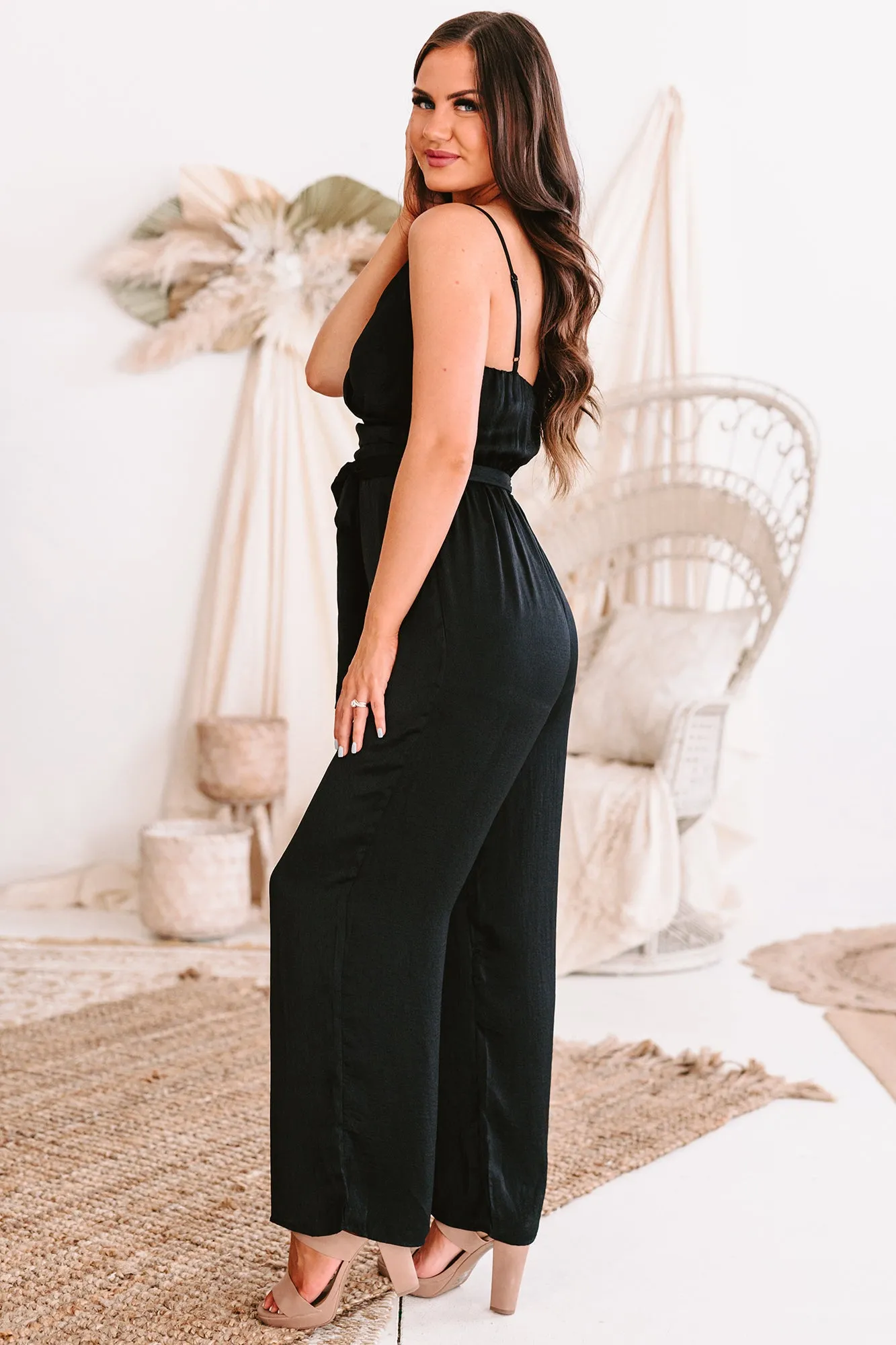 Insider Scoop Satin Surplice Jumpsuit (Black)