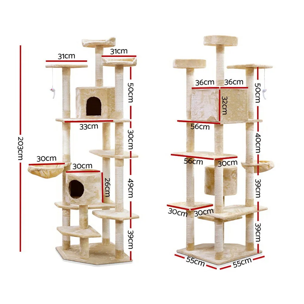 i.Pet Cat Tree 203cm Trees Scratching Post Tower Condo House Furniture Wood Beige