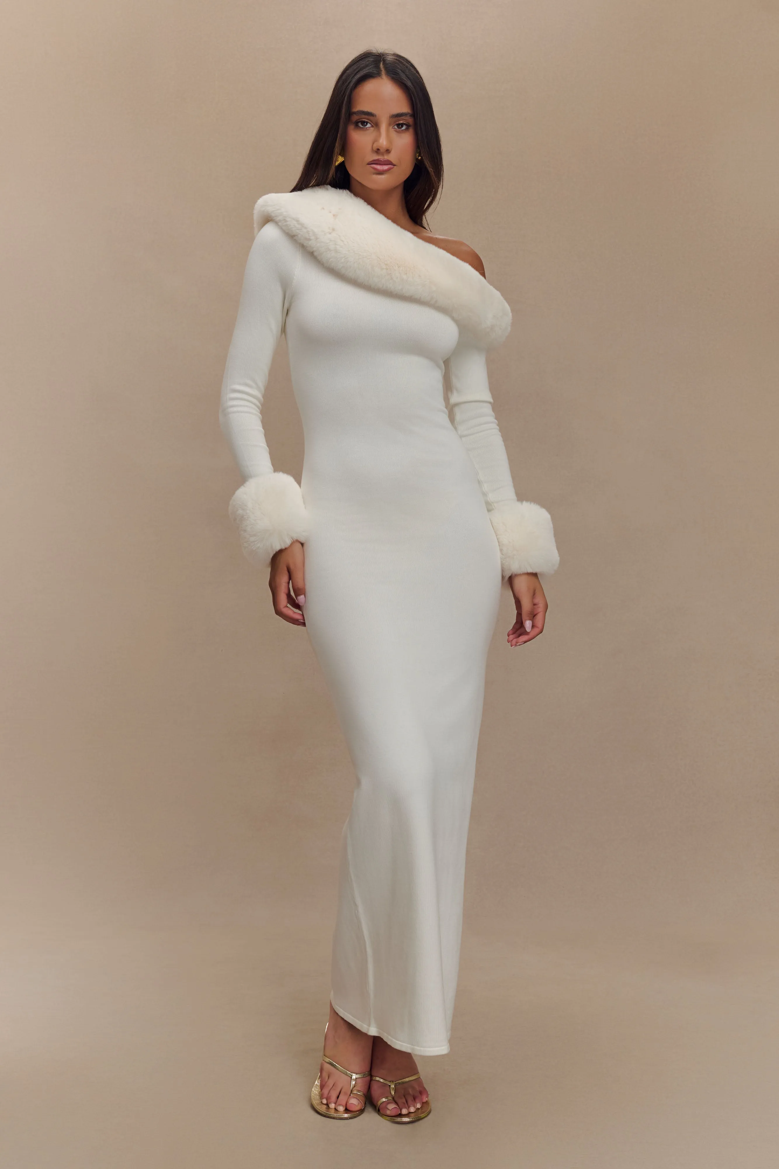 Karleigh Faux Fur Knit Maxi Dress - Ivory