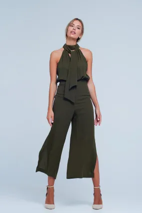 Khaki Jumpsuit With Back Bow